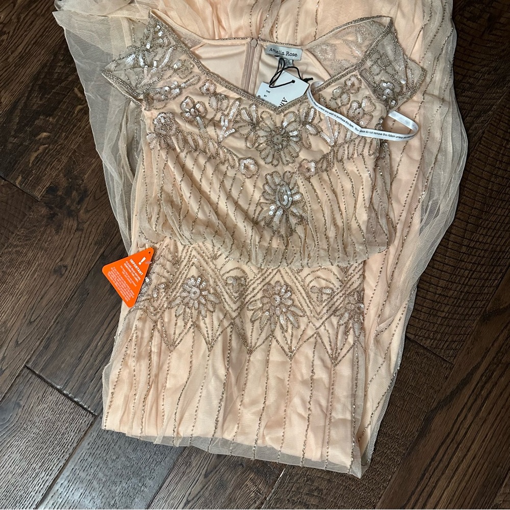Amelia Rose beaded baroque off the shoulder peach pink gown NWT - Picture 6 of 12
